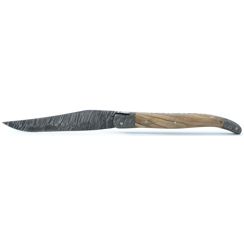 Laguiole 12 cm 2 damas bolsters, carbon damascus blade in olivewood
