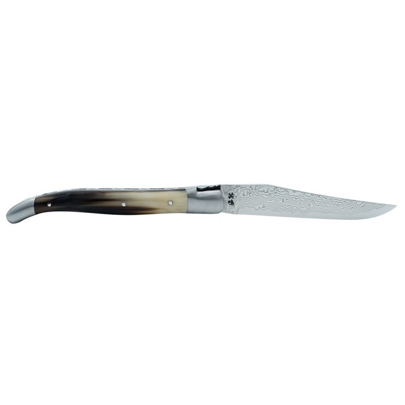 Couteau Laguiole 12 cm 2 mitres en pointe de corne et lame damas japonais