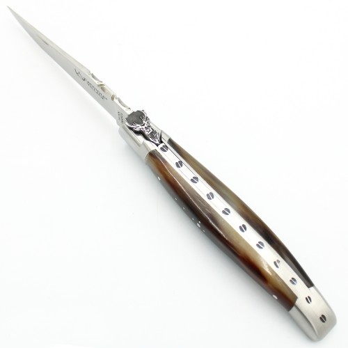 Laguiole pocket knife 12 cm 2 bolsters  in wood, engraved stag