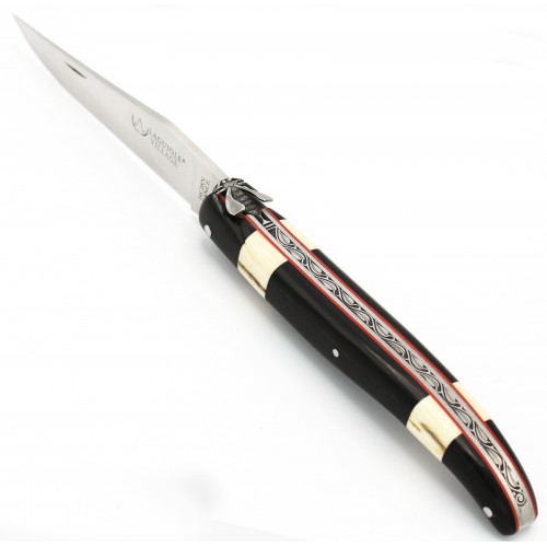 Couteau Laguiole d'exception 12 cm plein manche en ébène, bagues en ivoire de mammouth