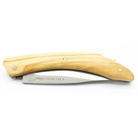 Le Saint Côme, folding knife with a pump closure, 11cm full handle in olivewood