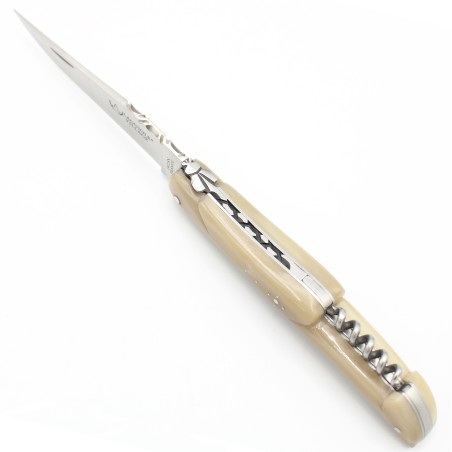Laguiole pocket knife 12 cm full handle with a corkscrew in blond horn tip