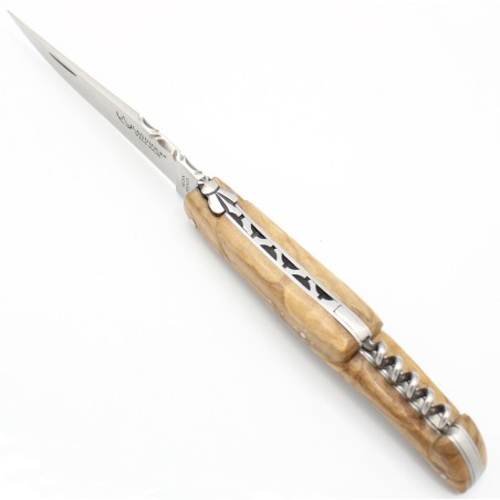 Couteau Laguiole 12 cm plein manche avec tire-bouchon en olivier