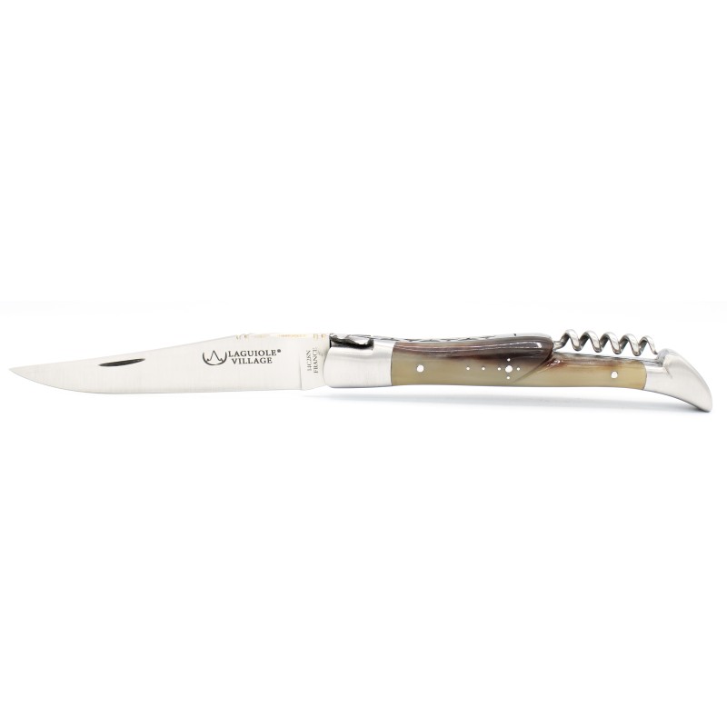 Laguiole pocket knife 12 cm 2 bolsters with a corkscrew in blond horn tip