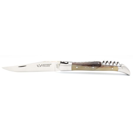 Couteau Laguiole 12 cm 2 mitres avec tire-bouchon en pointe de corne blonde