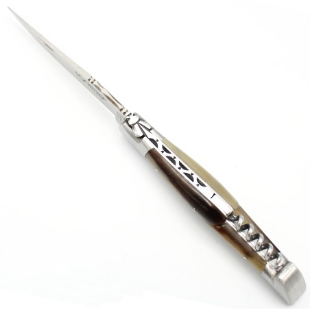 Laguiole pocket knife 12 cm 2 bolsters with a corkscrew in blond horn tip