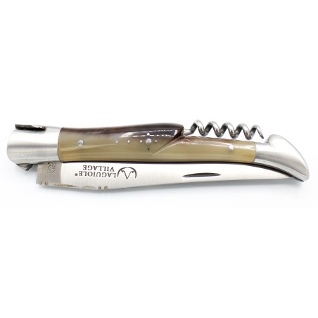 Laguiole pocket knife 12 cm 2 bolsters with a corkscrew in blond horn tip