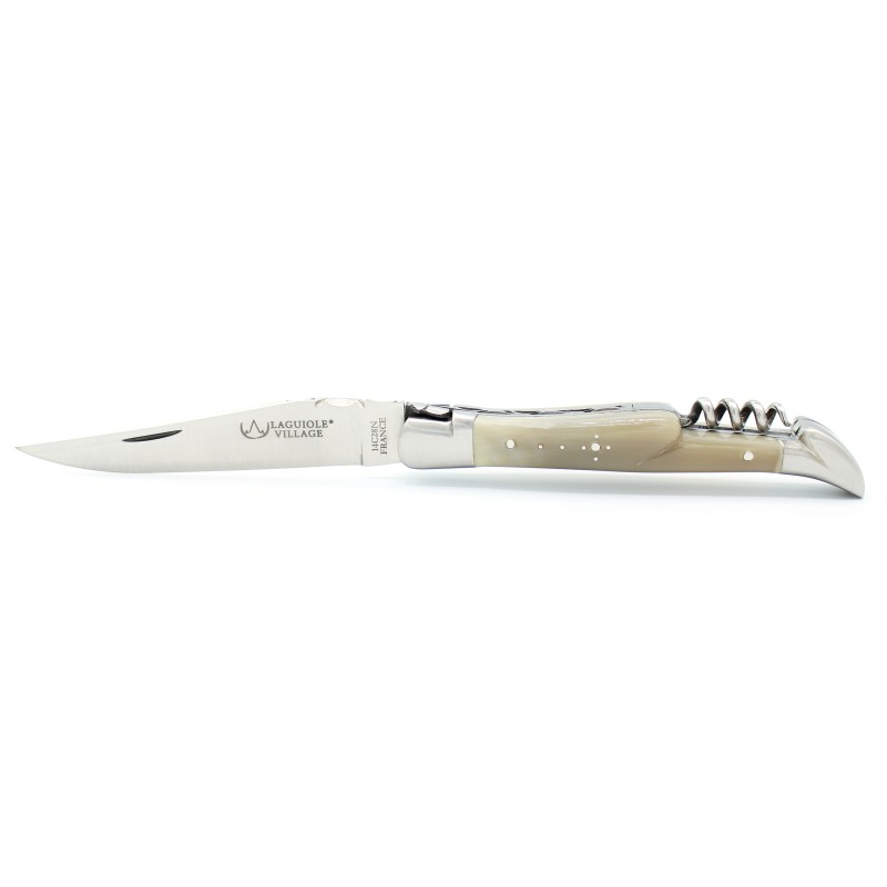 Laguiole pocket knife, 11 cm, 2 bolsters, with a corkscrew in blond horn tip