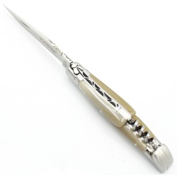 Couteau Laguiole 11cm 2 mitres avec tire-bouchon en pointe de corne blonde