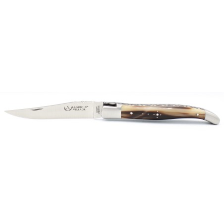 Laguiole pocket knife double chiseled plates 2 bolsters in blond horn
