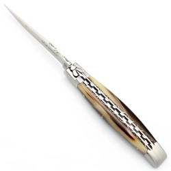 Couteau Laguiole 12 cm double platines 2 mitres en pointe de corne blonde