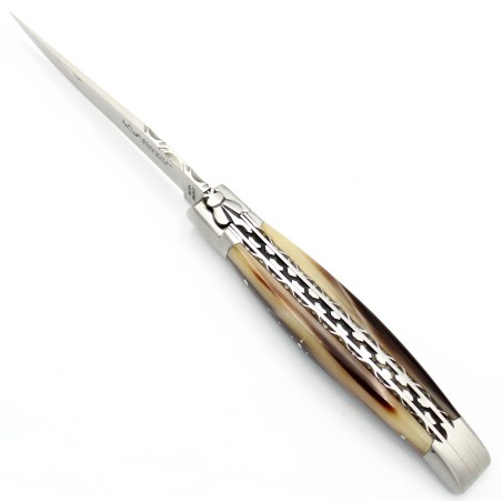 Couteau Laguiole 12 cm double platines 2 mitres en pointe de corne blonde