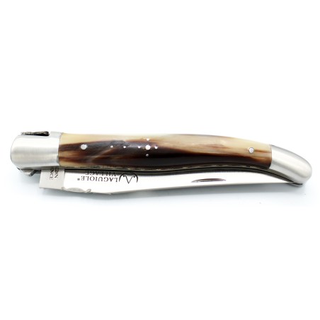 Laguiole pocket knife double chiseled plates 2 bolsters in blond horn