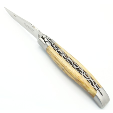 Couteau Laguiole 12 cm double platines 2 mitres en hêtre d'Aubrac naturel
