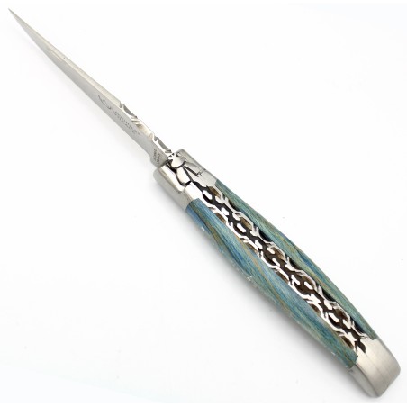 Laguiole pocket knife 12 cm doble chiselled plates in turquoize beech