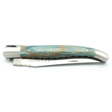 Couteau Laguiole 12 cm double platines 2 mitres en hêtre d'Aubrac bleu roi