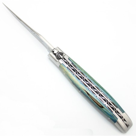 Laguiole pocket knife 12 cm doble chiselled plates in turquoize beech