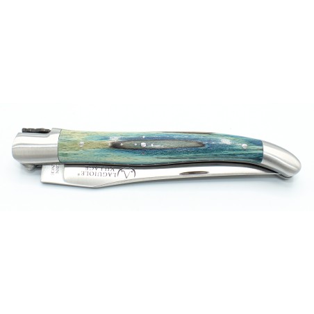 Couteau Laguiole 12 cm double platines ciselées 2 mitres en hêtre d'Aubrac bleu roi