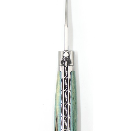 Couteau Laguiole 12 cm double platines ciselées 2 mitres en hêtre d'Aubrac bleu roi