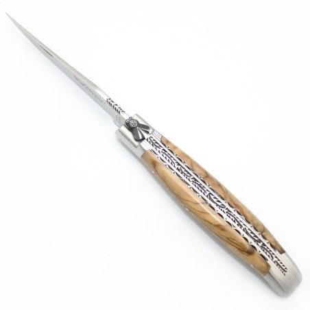 Couteau Laguiole 12 cm double platines ciselées 2 mitres en Olivier