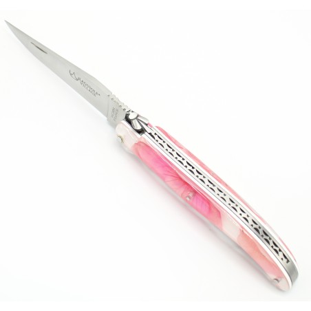 Couteau Laguiole 11 cm plein manche en résine avec inclusion de pétales de roses - rose pastel-