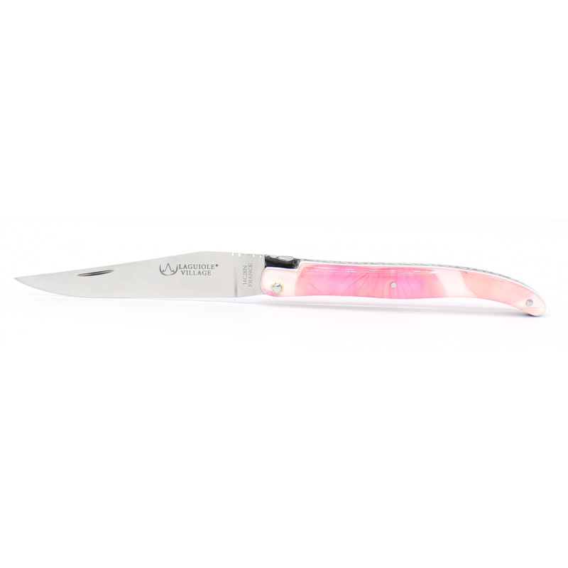 Couteau Laguiole 11 cm plein manche en résine avec inclusion de pétales de roses - rose pastel-