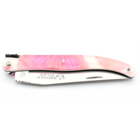 Couteau Laguiole 11 cm plein manche en résine avec inclusion de pétales de roses - rose pastel-