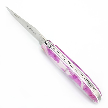 Couteau Laguiole 11 cm plein manche en résine avec inclusion de pétales de roses - mauve-