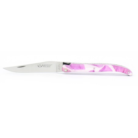 Couteau Laguiole 11 cm plein manche en résine avec inclusion de pétales de roses - mauve-