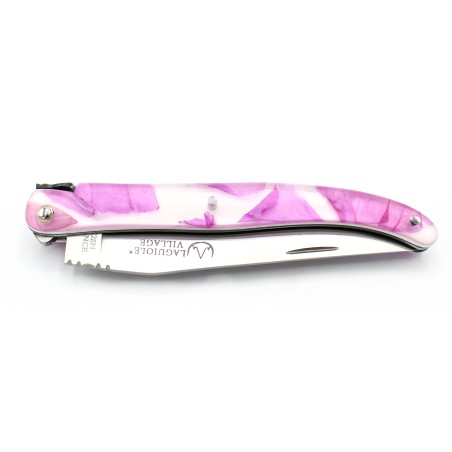 Couteau Laguiole 11 cm plein manche en résine avec inclusion de pétales de roses - mauve-