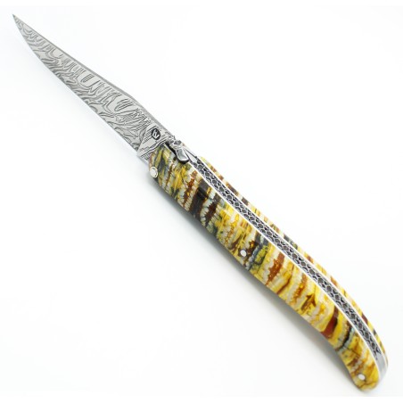 Laguiole pocket knife 12cm full handle in mammoth molar, damascus blade