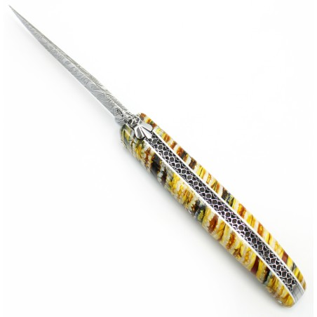 Couteau Laguiole d'exception 12cm Plein manche en molaire de mammouth et lame Damas