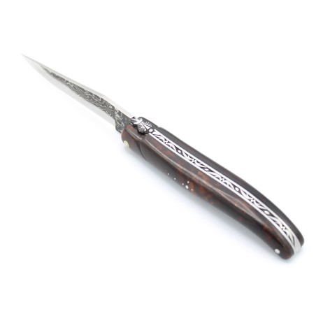 Couteau Laguiole 12cm bois de fer lame damas japonais brossé
