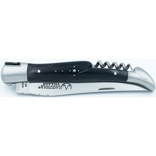 Couteau de Laguiole en pointe de corne noire 12 cm avec tire-bouchon